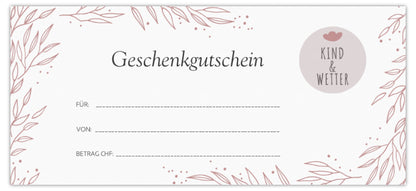 Geschenk-Gutscheine von Kind&Wetter verschenken<br> online oder im Ladengeschäft Winterthur einlösbar<br> Beträge selbst wählbar von Fr. 10, 20, 50, 100